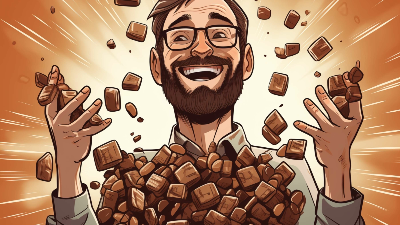 Indacloud. A Very Happy Man With Piles Of Small Chocolate Candi 03899D8B 649A 4B16 94D2 Afd97Bc805F9