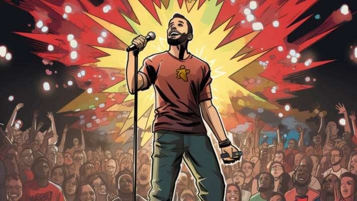 Indacloud. A Man On Stage Promoting Delta 8 Comic Style 51217A4B 79A6 41E8 95Ad Bccd1Edc4297
