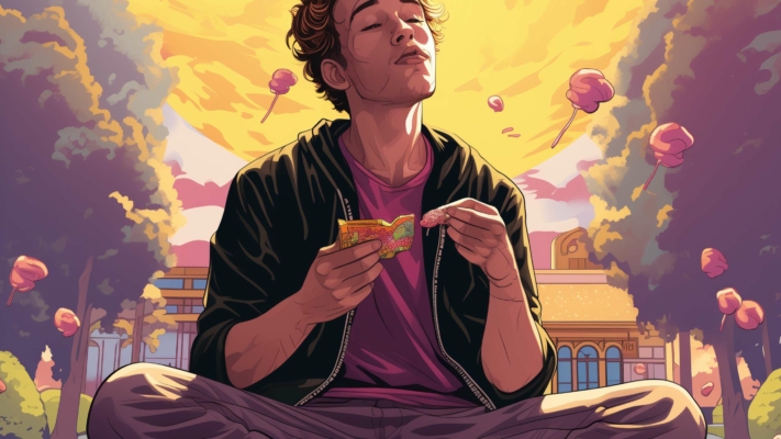 Indacloud. A Young Man Eating Gummies Park Setting Marijuanna G 0Bbecc3A D0A7 48F0 92Ba 1F61F034Aa73