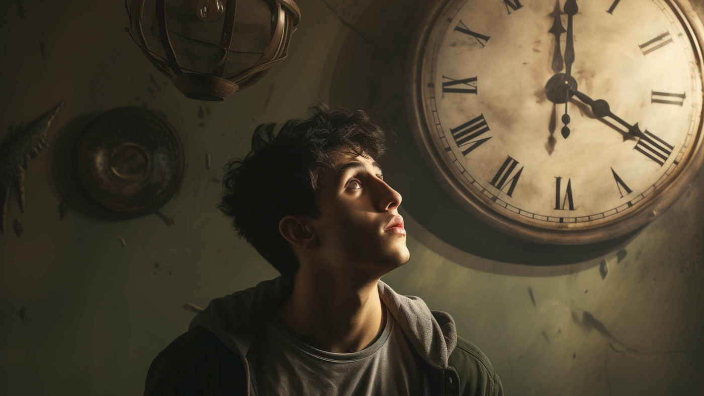 Indacloud. A Stonedhigh Young Man Looking At Wall Clock Living F7F09B9E 2000 4De3 80C9 45D24D645D7E
