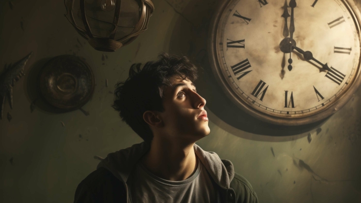 Indacloud. A Stonedhigh Young Man Looking At Wall Clock Living F7F09B9E 2000 4De3 80C9 45D24D645D7E